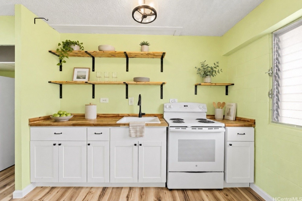 Updated kitchen with open shelving at 1620 Keeaumoku St #806, Honolulu